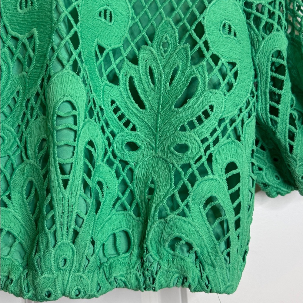 Vogue Vibes green cropped puffy sleeve floral eyelet cut blouse top sz Lg - Picture 4 of 8